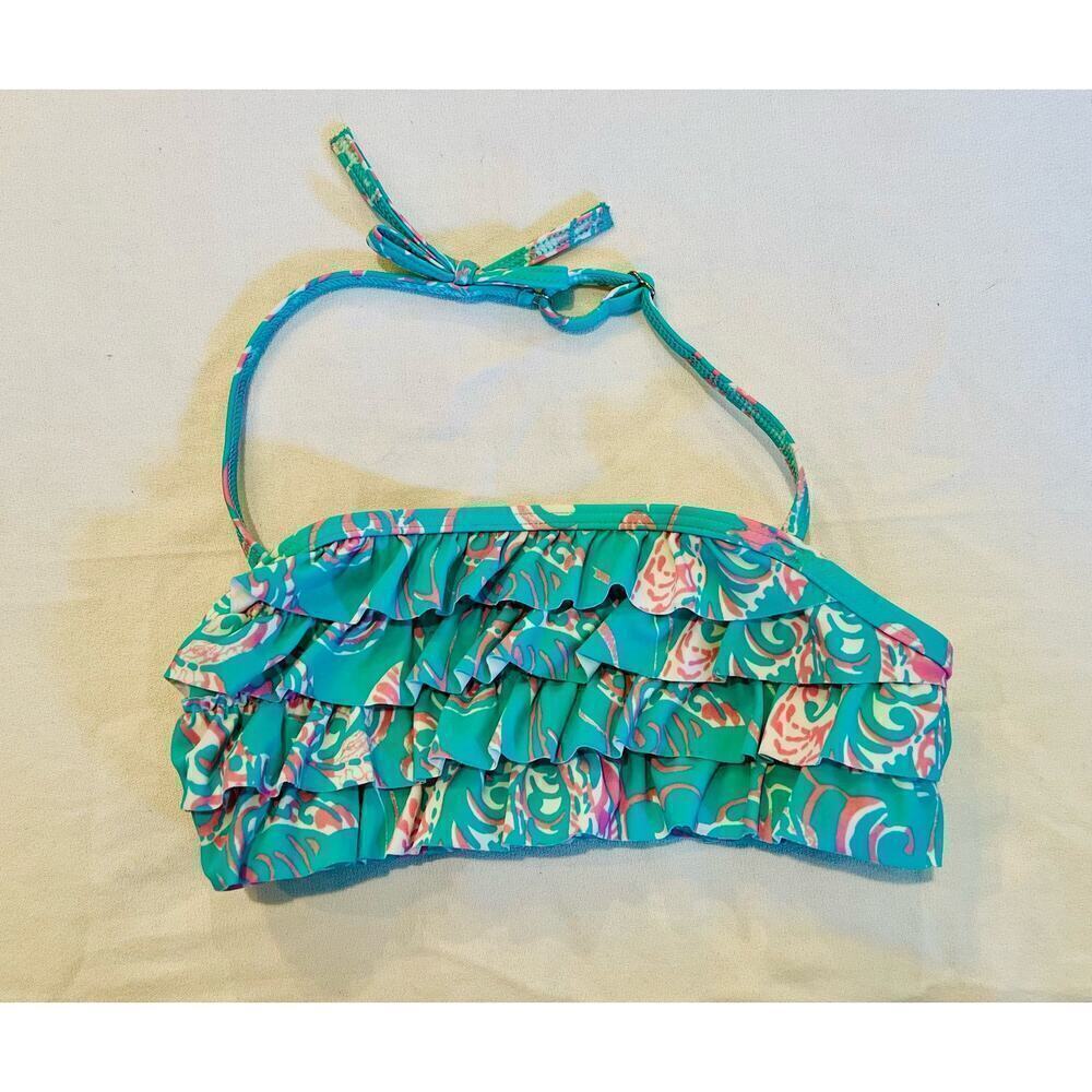 Lands End Teal Ruffled Flamingo Halter Bikini Top - Size 7